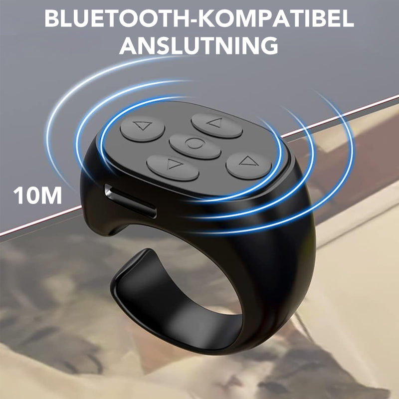 "Trådlös Bluetooth-ringfjärrkontroll för mobil, ergonomisk design, kompakt storlek, finns i svart, rosa, vit."