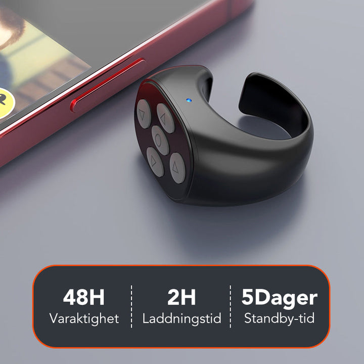 "Trådlös Bluetooth-ringfjärrkontroll för mobil, ergonomisk design, kompakt storlek, finns i svart, rosa, vit."