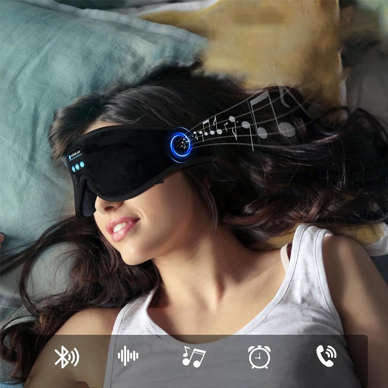 "Trådlös Bluetooth-sömnmask i mjuk velour för avkoppling, blockerar ljus, lyssna på musik. Perfekt för resor och meditation."