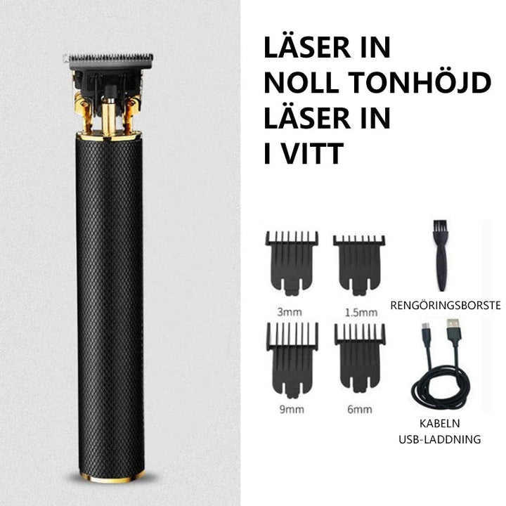 "Trådlös herrhårtrimmer med sylvasst T-blad, USB-laddning, två lägen och säker R-bladsdesign för precis grooming."