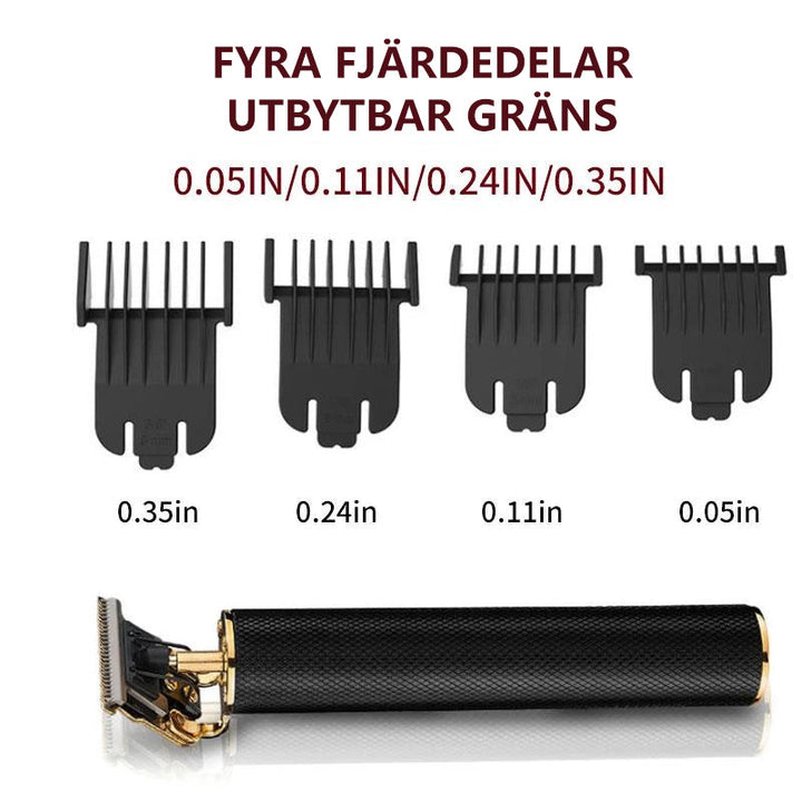 "Trådlös herrhårtrimmer med sylvasst T-blad, USB-laddning, två lägen och säker R-bladsdesign för precis grooming."