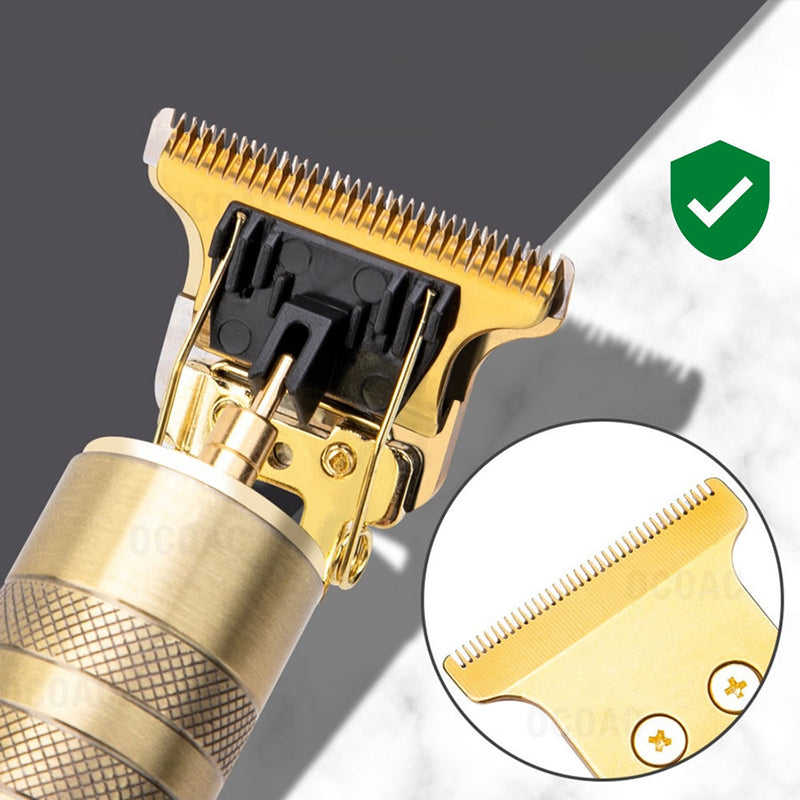 "Trådlös herrhårtrimmer med sylvasst T-blad, USB-laddning, två lägen och säker R-bladsdesign för precis grooming."