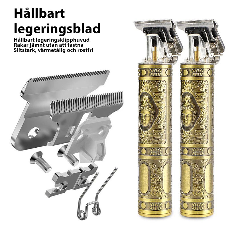 "Trådlös herrhårtrimmer med sylvasst T-blad, USB-laddning, två lägen och säker R-bladsdesign för precis grooming."