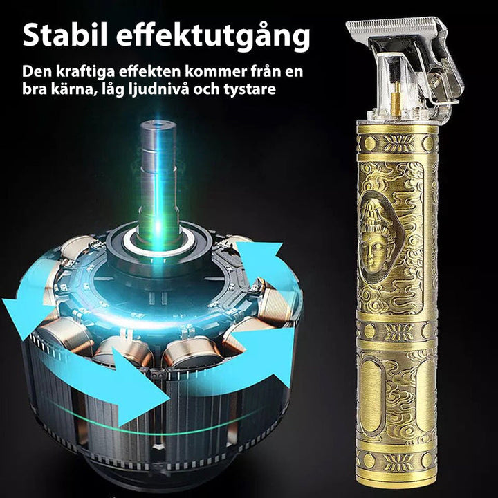 "Trådlös herrhårtrimmer med sylvasst T-blad, USB-laddning, två lägen och säker R-bladsdesign för precis grooming."