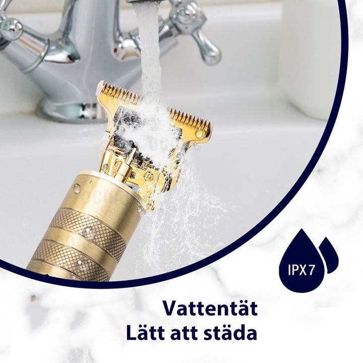 "Trådlös herrhårtrimmer med sylvasst T-blad, USB-laddning, två lägen och säker R-bladsdesign för precis grooming."