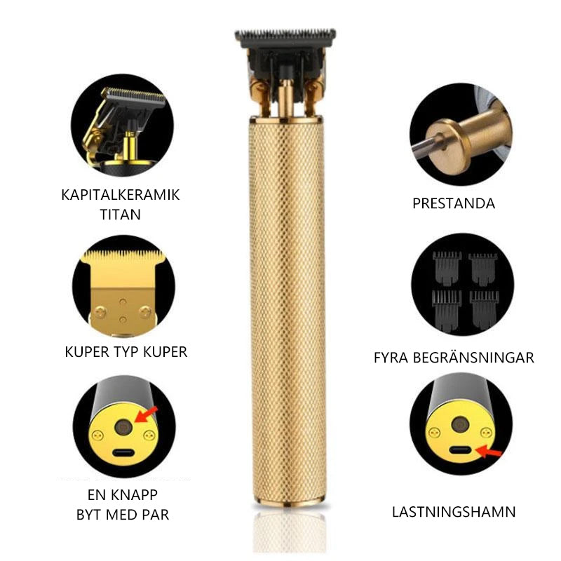 "Trådlös herrhårtrimmer med sylvasst T-blad, USB-laddning, två lägen och säker R-bladsdesign för precis grooming."