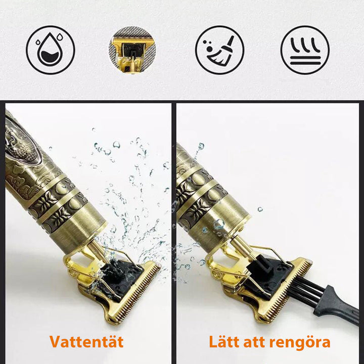 "Trådlös herrhårtrimmer med sylvasst T-blad, USB-laddning, två lägen och säker R-bladsdesign för precis grooming."