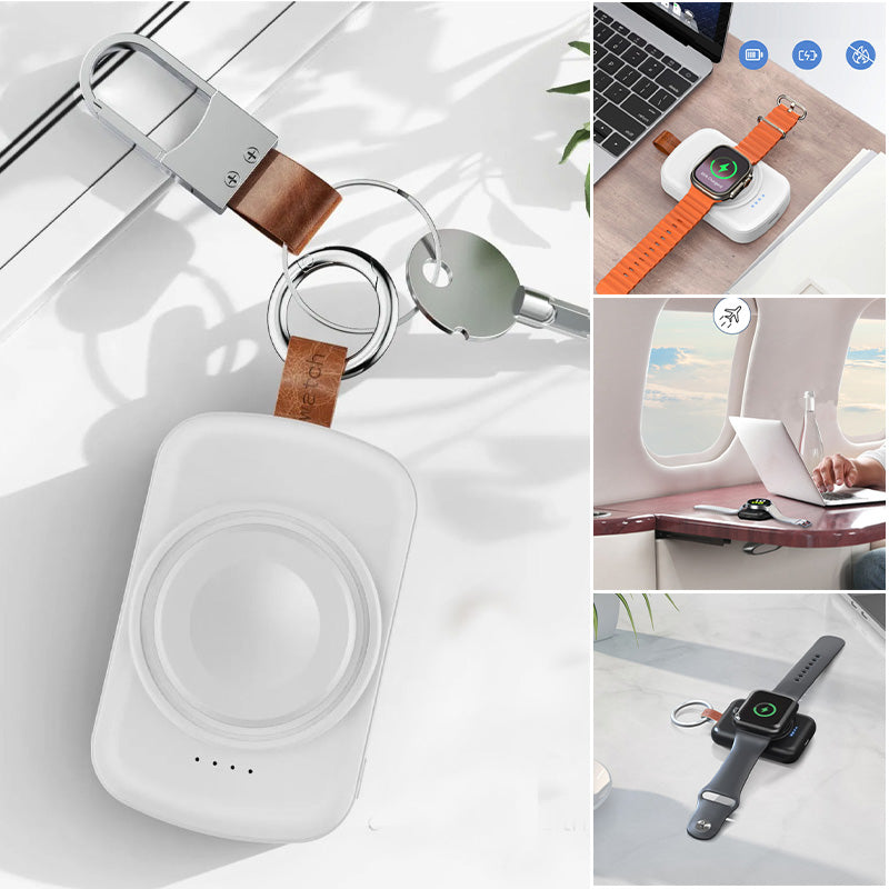 "Trådlös magnetisk Apple Watch-laddare, kompakt design, svart och vit, för enkel och bekväm laddning."