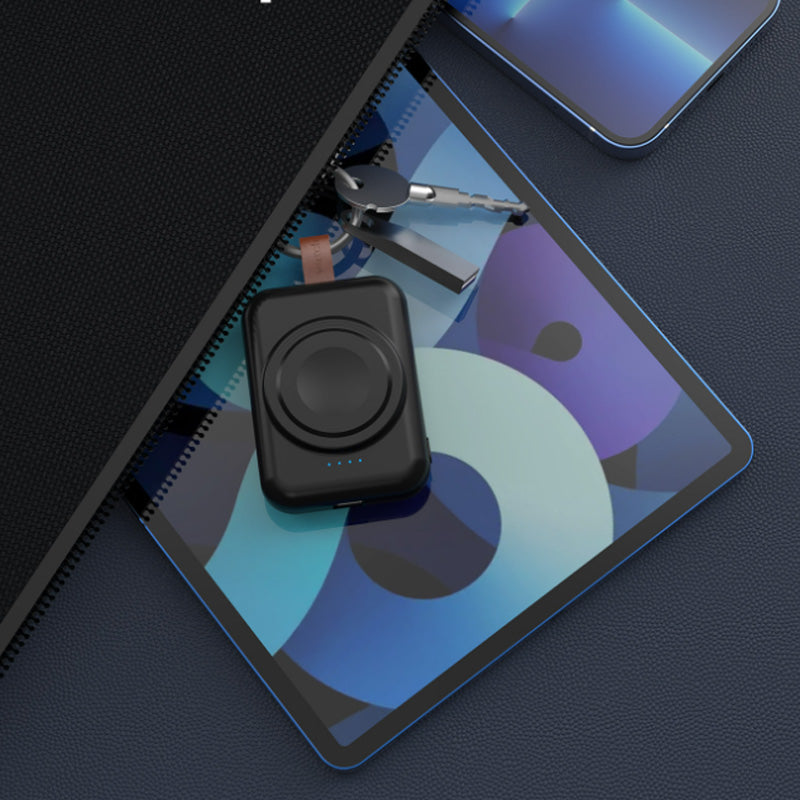 "Trådlös magnetisk Apple Watch-laddare, kompakt design, svart och vit, för enkel och bekväm laddning."