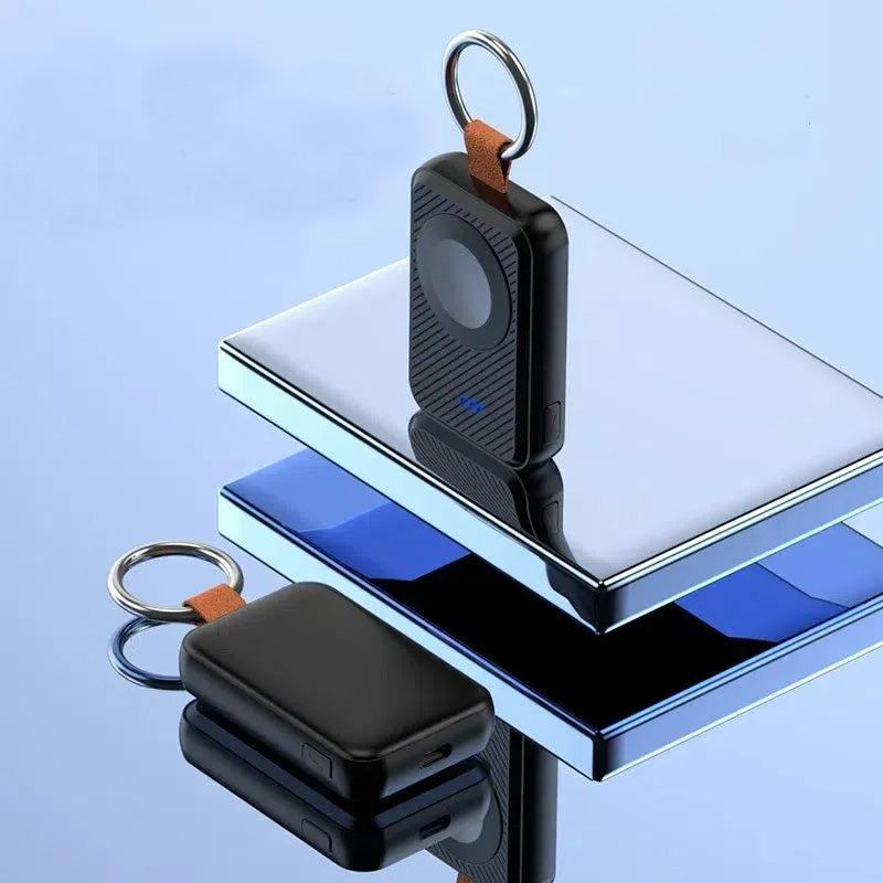 "Trådlös magnetisk Apple Watch-laddare, kompakt design, svart och vit, för enkel och bekväm laddning."