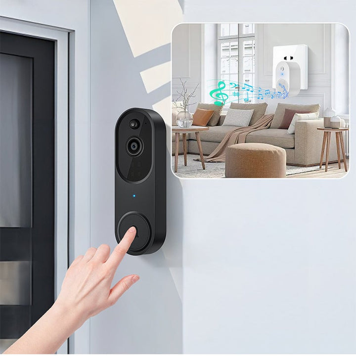 "Trådlös utomhuskamera med HD nattseende, AI detektion, visad med mörk väderbeständig design, perfekt för säkerhet utomhus."