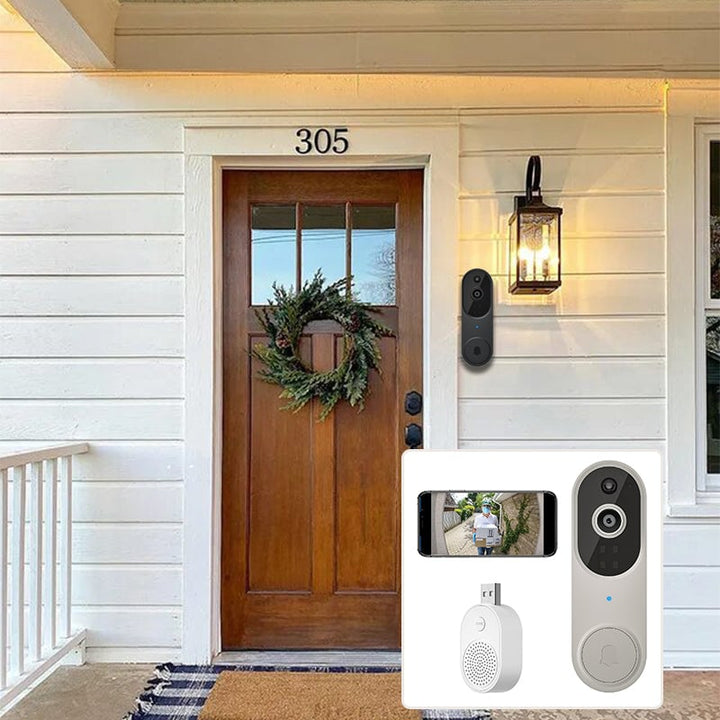 "Trådlös utomhuskamera med HD nattseende, AI detektion, visad med mörk väderbeständig design, perfekt för säkerhet utomhus."