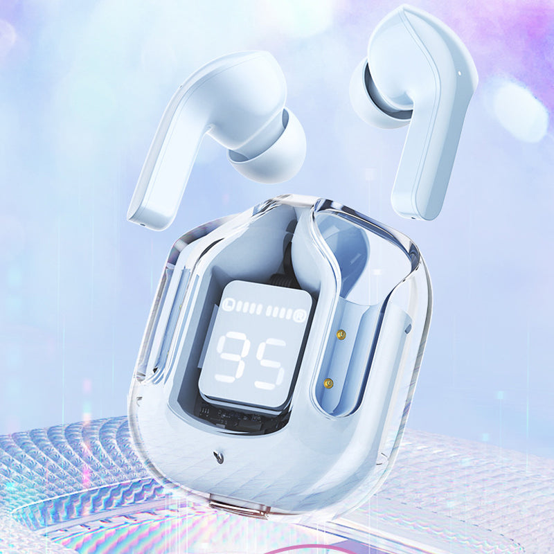 "Trådlösa Bluetooth-öronsnäckor med ENC, visa olika färger och elegant, futuristiskt laddningsfodral."