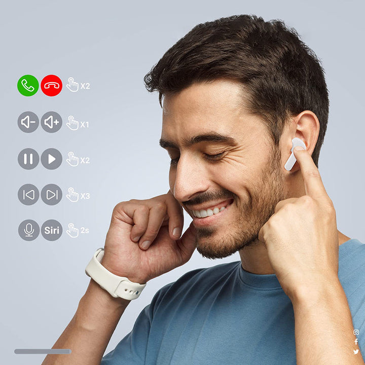 "Trådlösa Bluetooth-öronsnäckor med ENC, visa olika färger och elegant, futuristiskt laddningsfodral."
