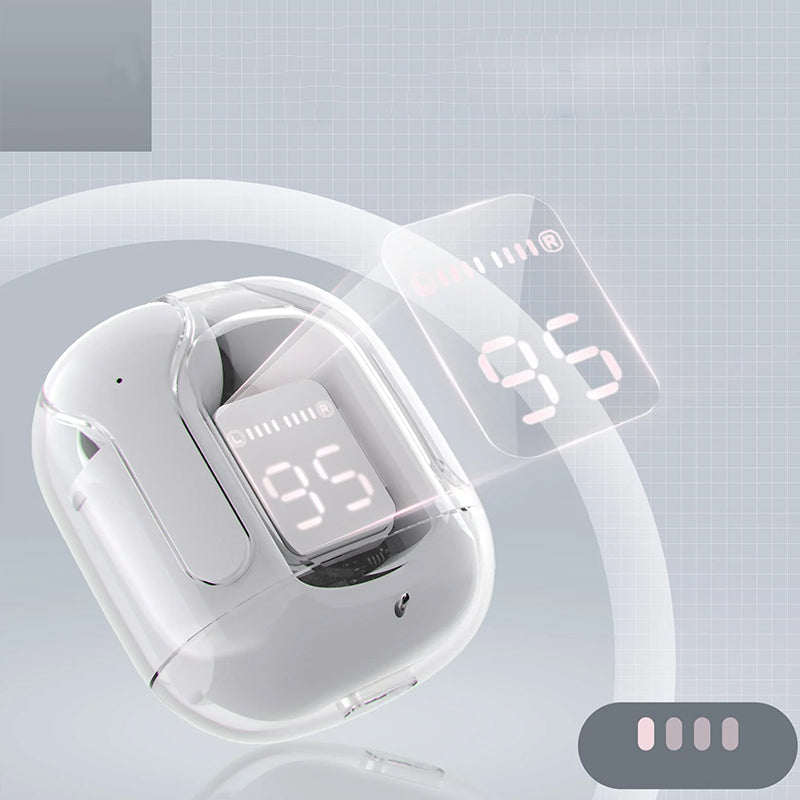 "Trådlösa Bluetooth-öronsnäckor med ENC, visa olika färger och elegant, futuristiskt laddningsfodral."