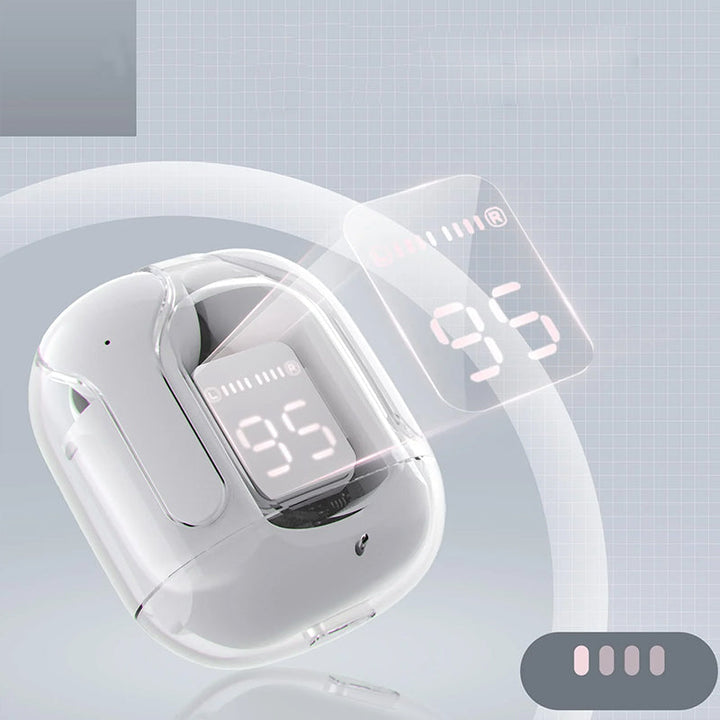 "Trådlösa Bluetooth-öronsnäckor med ENC, visa olika färger och elegant, futuristiskt laddningsfodral."