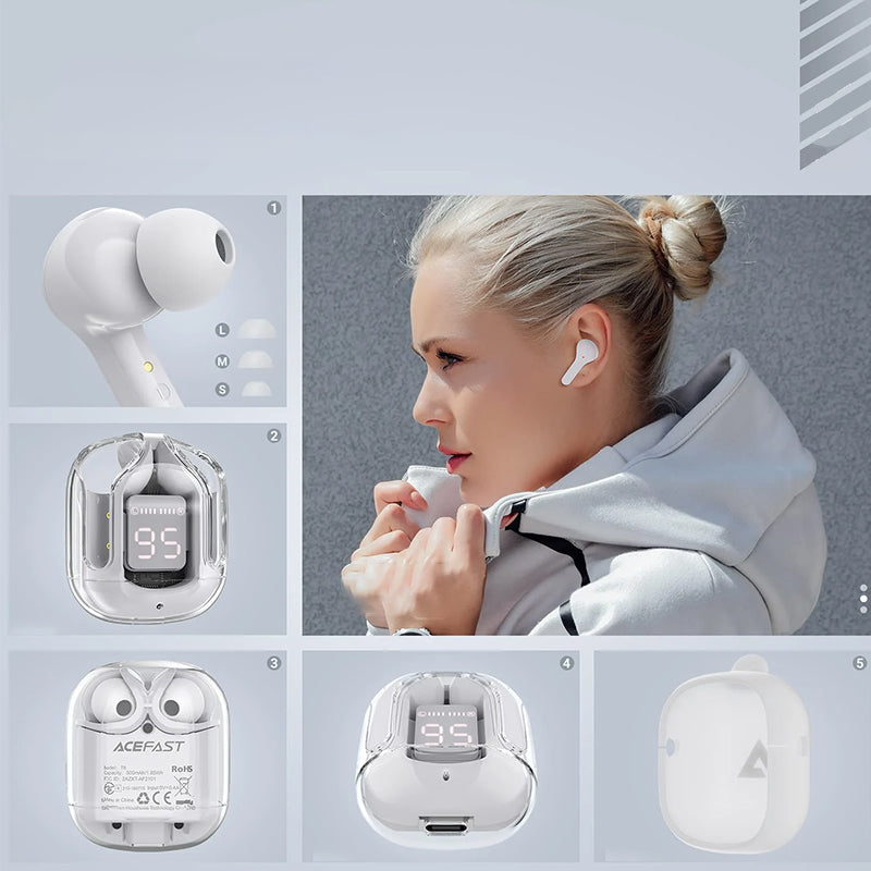 "Trådlösa Bluetooth-öronsnäckor med ENC, visa olika färger och elegant, futuristiskt laddningsfodral."