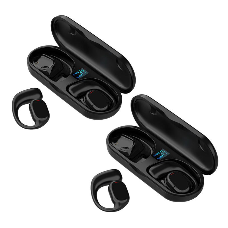 "Trådlösa Bluetooth sportöronsnäckor med öronkrokar, hängande design, öppet passform, IPX5 vattentäta, svart färg."