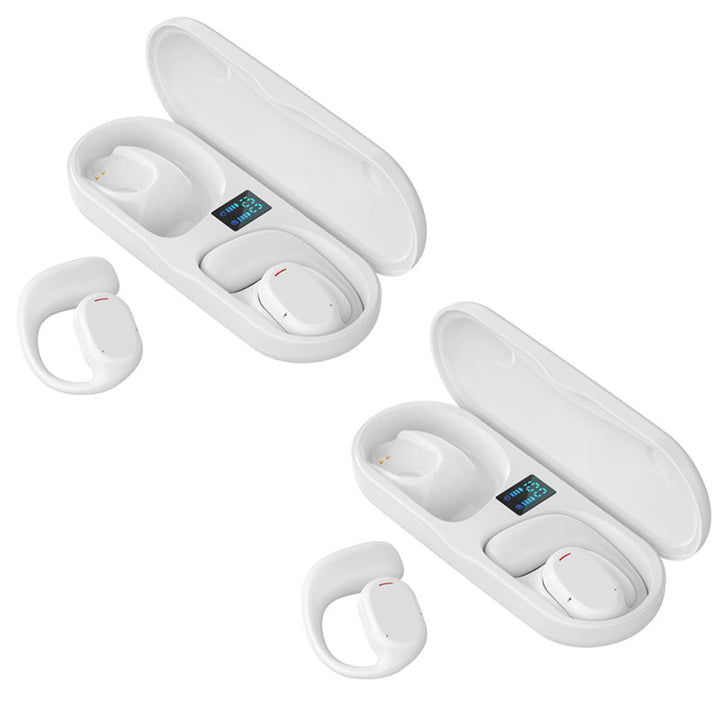 "Trådlösa Bluetooth sportöronsnäckor med öronkrokar, hängande design, öppet passform, IPX5 vattentäta, svart färg."