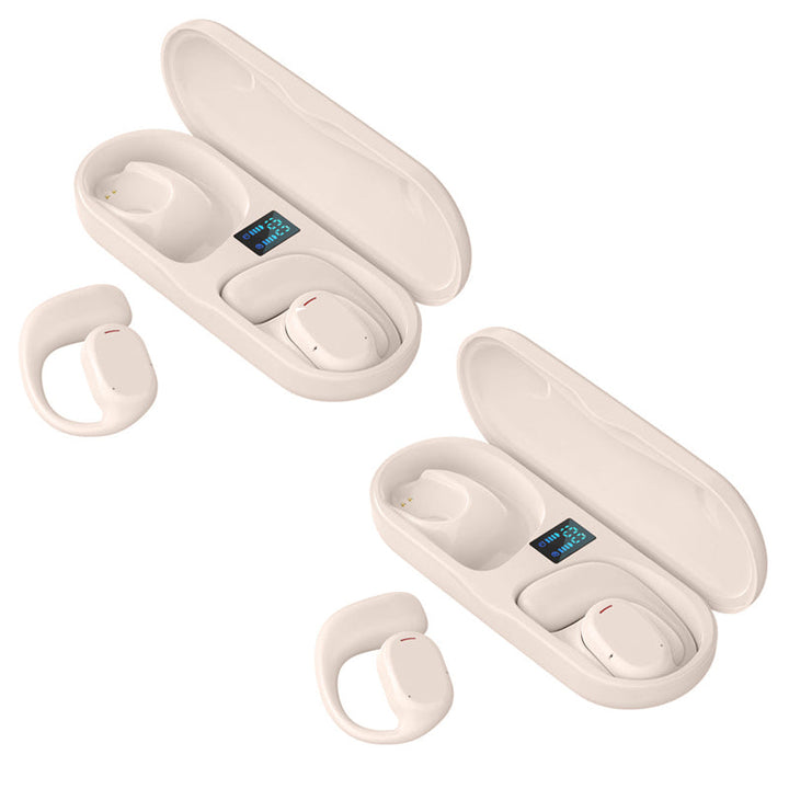 "Trådlösa Bluetooth sportöronsnäckor med öronkrokar, hängande design, öppet passform, IPX5 vattentäta, svart färg."