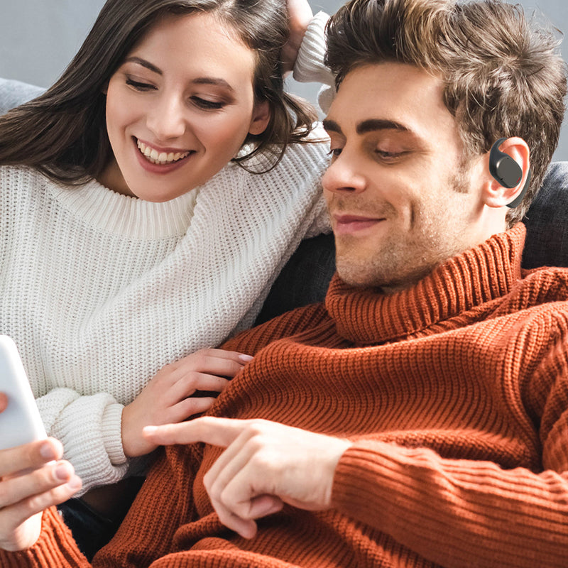 "Trådlösa Bluetooth sportöronsnäckor med öronkrokar, hängande design, öppet passform, IPX5 vattentäta, svart färg."