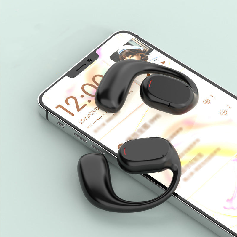 "Trådlösa Bluetooth sportöronsnäckor med öronkrokar, hängande design, öppet passform, IPX5 vattentäta, svart färg."