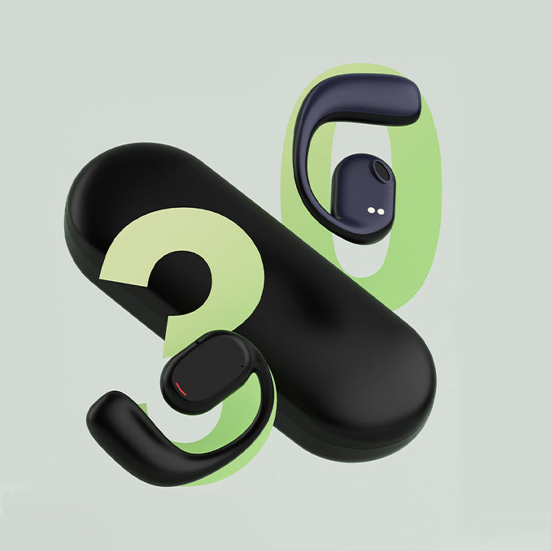 "Trådlösa Bluetooth sportöronsnäckor med öronkrokar, hängande design, öppet passform, IPX5 vattentäta, svart färg."