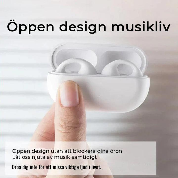 "Trådlösa hörlurar med öronklämma i svart, benledningsteknik, stilren design, perfekt för komfort och klart ljud."