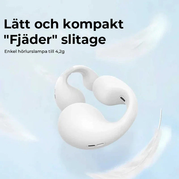 "Trådlösa hörlurar med öronklämma i svart, benledningsteknik, stilren design, perfekt för komfort och klart ljud."