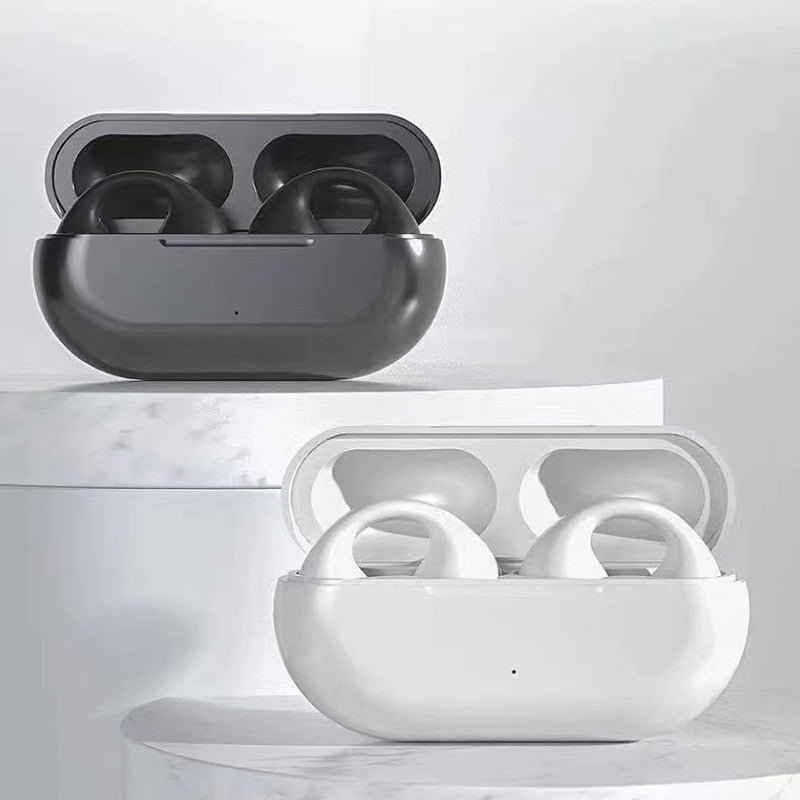 "Trådlösa hörlurar med öronklämma i svart, benledningsteknik, stilren design, perfekt för komfort och klart ljud."