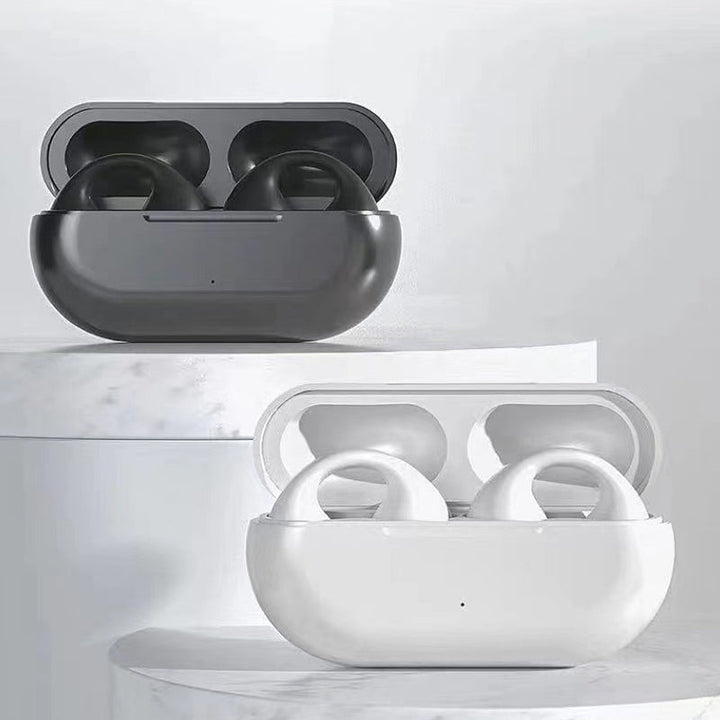 "Trådlösa hörlurar med öronklämma i svart, benledningsteknik, stilren design, perfekt för komfort och klart ljud."