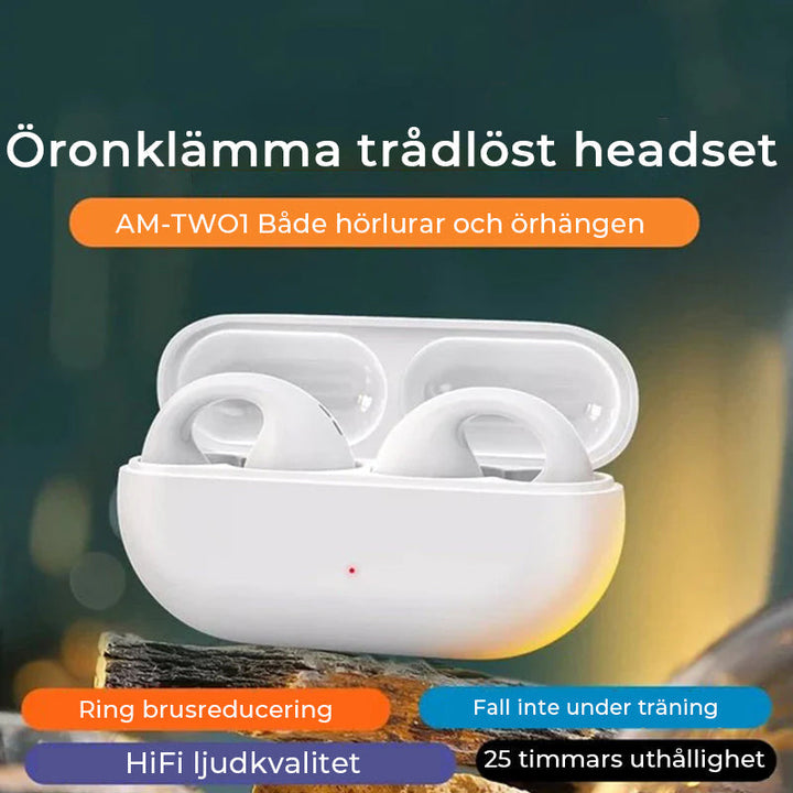 "Trådlösa hörlurar med öronklämma i svart, benledningsteknik, stilren design, perfekt för komfort och klart ljud."