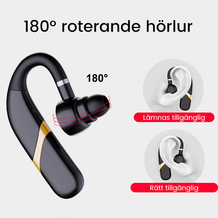 Trådlösa IPX7 Bluetooth hörlurar med öronkrok, ergonomisk design, svart, perfekt för träning och vardag.
