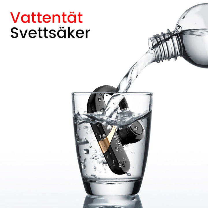 Trådlösa IPX7 Bluetooth hörlurar med öronkrok, ergonomisk design, svart, perfekt för träning och vardag.