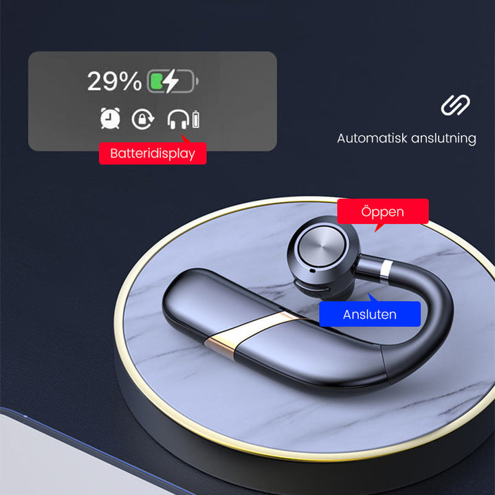 Trådlösa IPX7 Bluetooth hörlurar med öronkrok, ergonomisk design, svart, perfekt för träning och vardag.