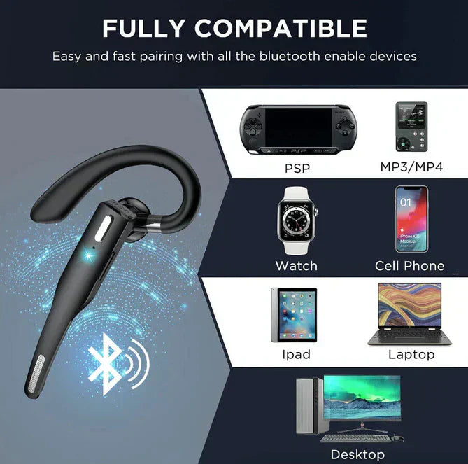 "Trådlöst Bluetooth 5.1 headset med svart ergonomisk design och bommikrofon, erbjuder avancerad brusreducering och hög komfor