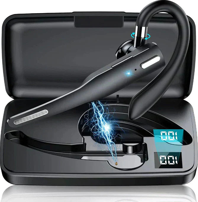 "Trådlöst Bluetooth 5.1 headset med svart ergonomisk design och bommikrofon, erbjuder avancerad brusreducering och hög komfor