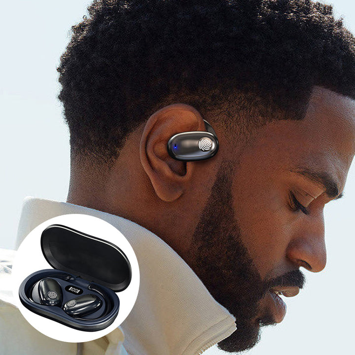 "Träningsvänliga Bluetooth 5.4 In-Ear Hörlurar med hängande design för säker passform, i svart, vit och beige färg."