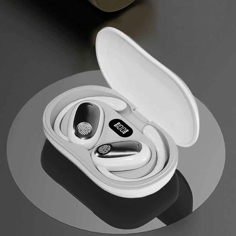 "Träningsvänliga Bluetooth 5.4 In-Ear Hörlurar med hängande design för säker passform, i svart, vit och beige färg."