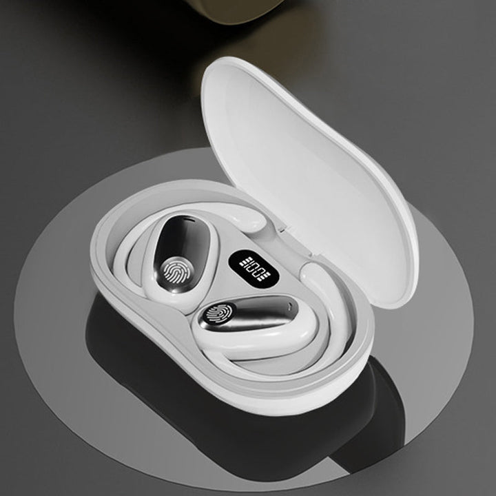 "Träningsvänliga Bluetooth 5.4 In-Ear Hörlurar med hängande design för säker passform, i svart, vit och beige färg."