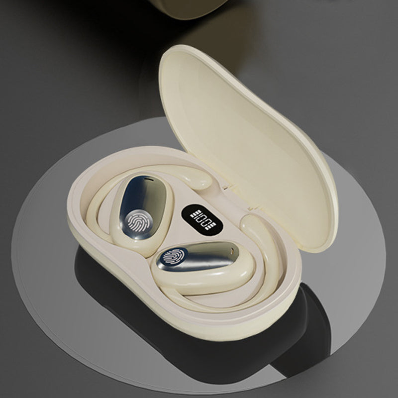 "Träningsvänliga Bluetooth 5.4 In-Ear Hörlurar med hängande design för säker passform, i svart, vit och beige färg."