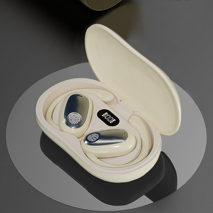 "Träningsvänliga Bluetooth 5.4 In-Ear Hörlurar med hängande design för säker passform, i svart, vit och beige färg."