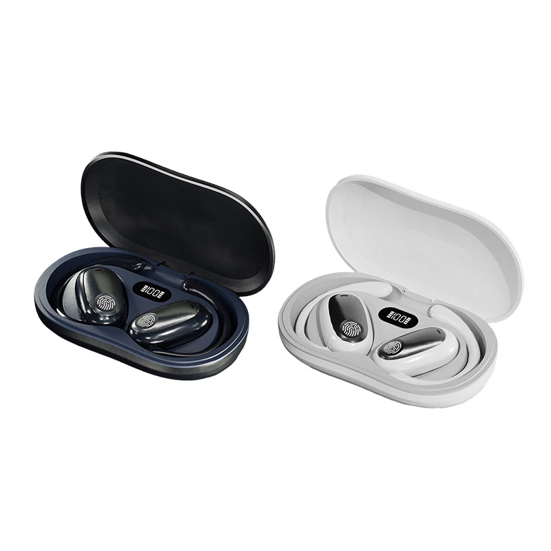 "Träningsvänliga Bluetooth 5.4 In-Ear Hörlurar med hängande design för säker passform, i svart, vit och beige färg."