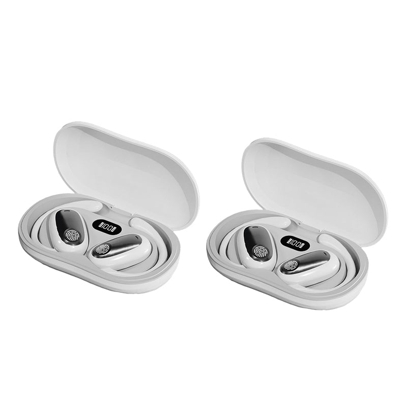 "Träningsvänliga Bluetooth 5.4 In-Ear Hörlurar med hängande design för säker passform, i svart, vit och beige färg."