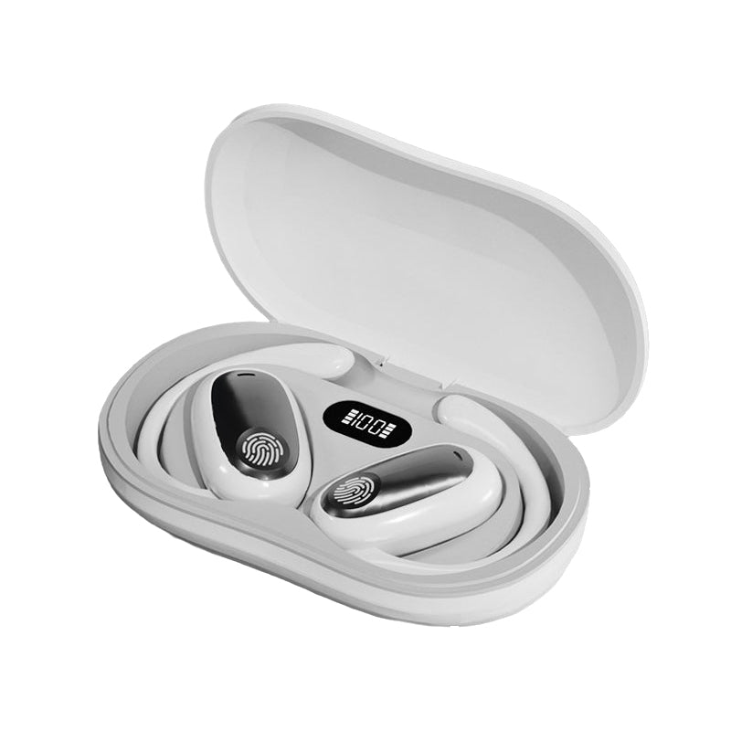 "Träningsvänliga Bluetooth 5.4 In-Ear Hörlurar med hängande design för säker passform, i svart, vit och beige färg."