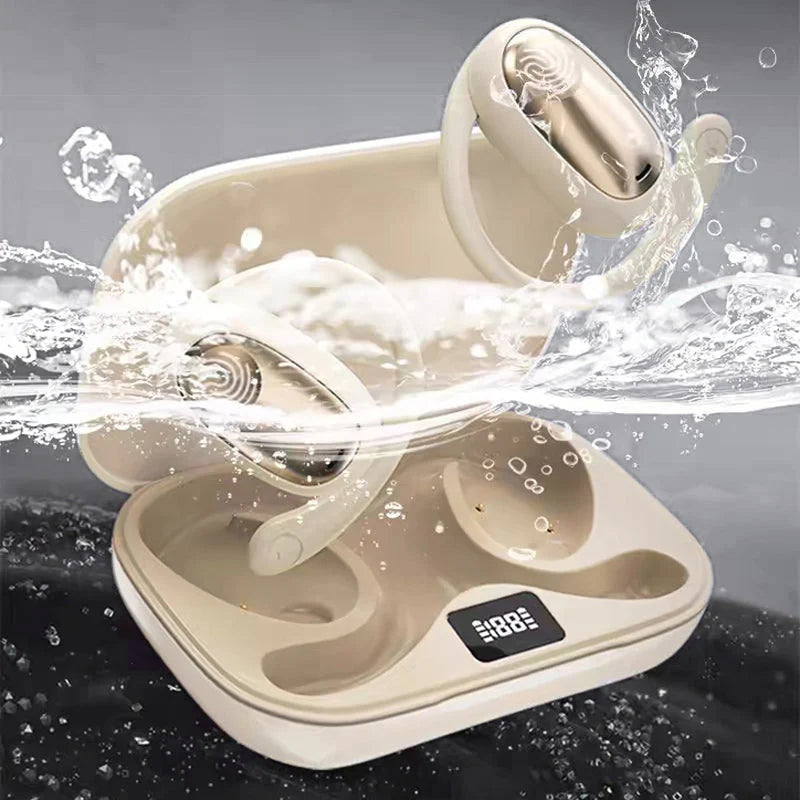 "Träningsvänliga Bluetooth 5.4 In-Ear Hörlurar med hängande design för säker passform, i svart, vit och beige färg."