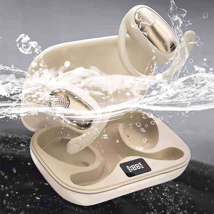 "Träningsvänliga Bluetooth 5.4 In-Ear Hörlurar med hängande design för säker passform, i svart, vit och beige färg."