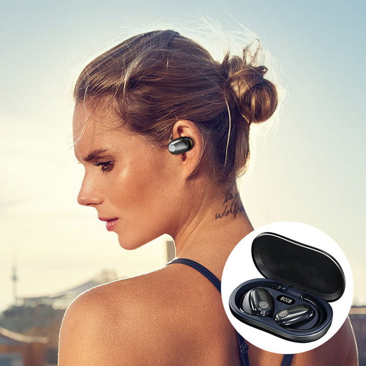 "Träningsvänliga Bluetooth 5.4 In-Ear Hörlurar med hängande design för säker passform, i svart, vit och beige färg."