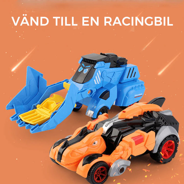 Transformabel leksaksbil i dinosaurieform, färgglad design. Perfekt för barn, inspirerar kreativitet och lek.