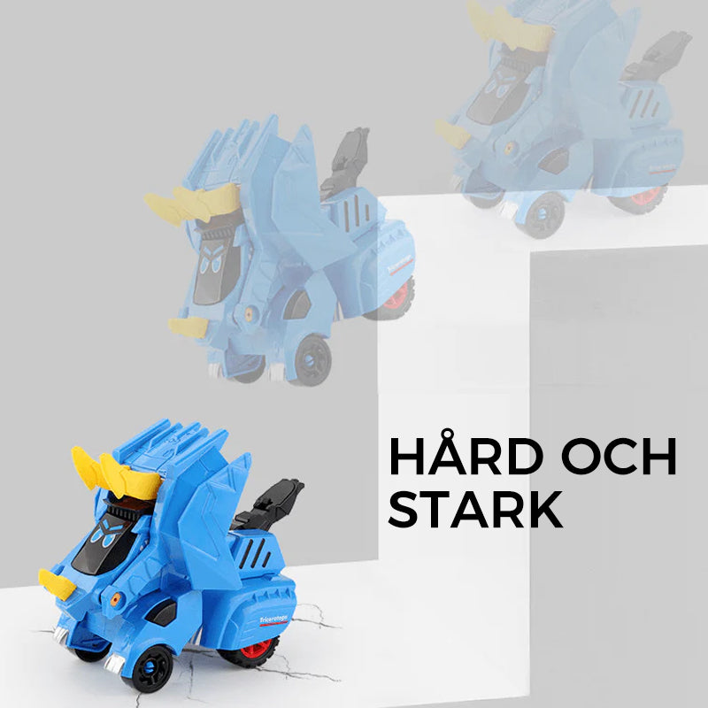 Transformabel leksaksbil i dinosaurieform, färgglad design. Perfekt för barn, inspirerar kreativitet och lek.
